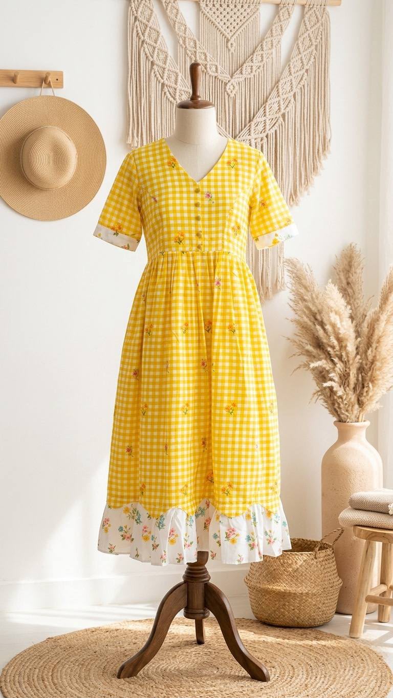 Soft Cotton Checked Print Maxi Dress with Floral Details