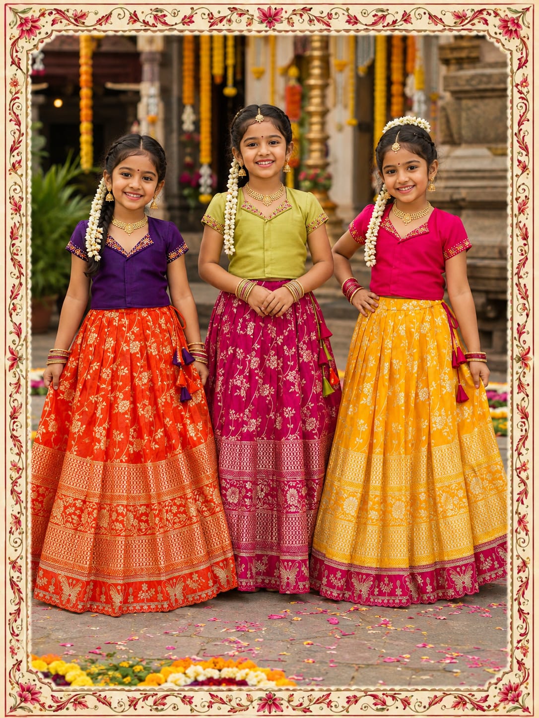 Royal Trio Contrast Kids Lehenga Choli with Floral Zari Work