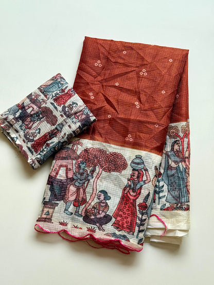 Madhubani Folk Art Printed Kota Chex Saree with Arco Cutwork Border
