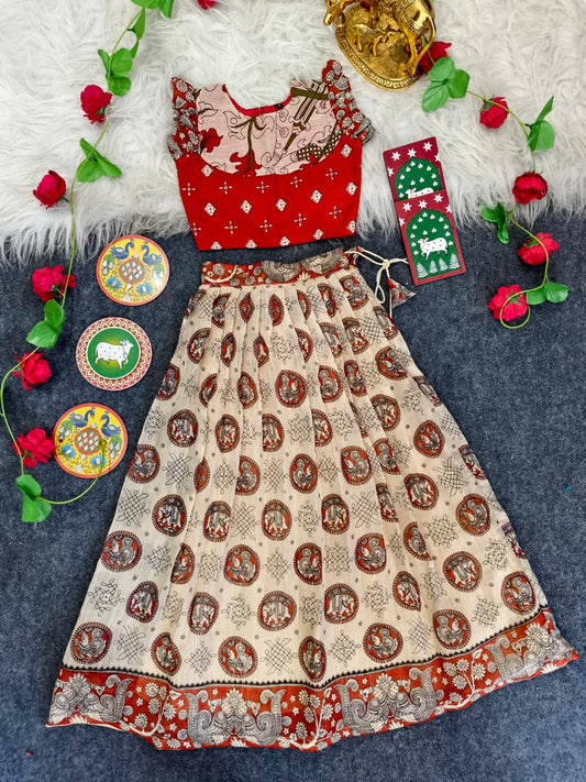 Girls Linen Blend Skirt Set with Contrast Motif Design