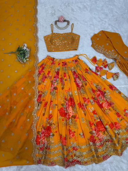 Faux Georgette Digital Print Semi-Stitched Lehenga Choli with Koti and Dupatta