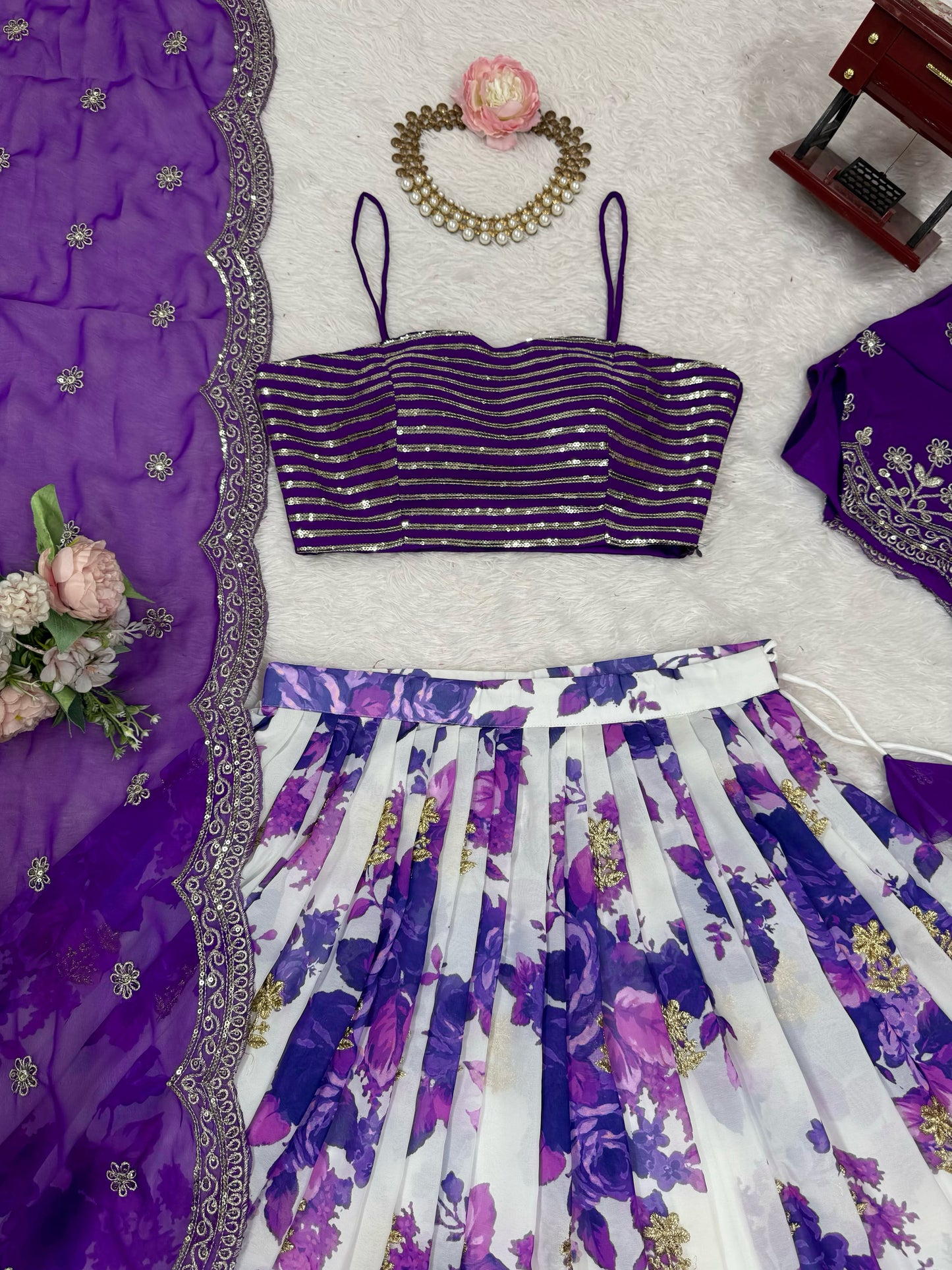 Faux Georgette Digital Print Semi-Stitched Lehenga Choli with Koti and Dupatta