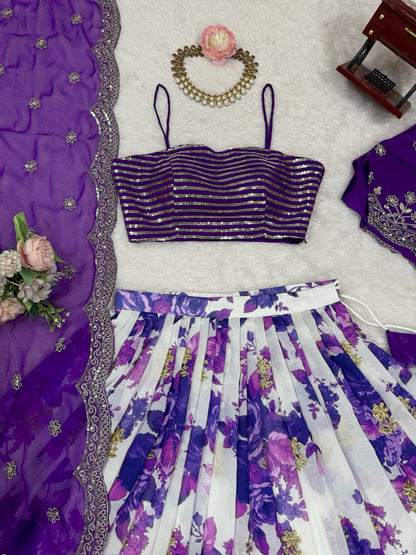 Faux Georgette Digital Print Semi-Stitched Lehenga Choli with Koti and Dupatta