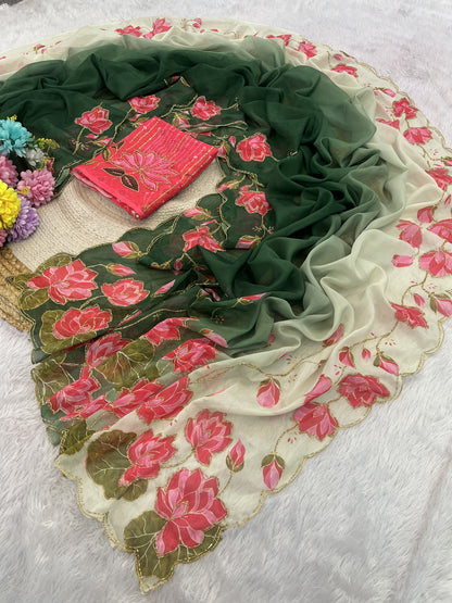 TeBy Silk Floral Digital Print Saree with Cutdana Khatli Work