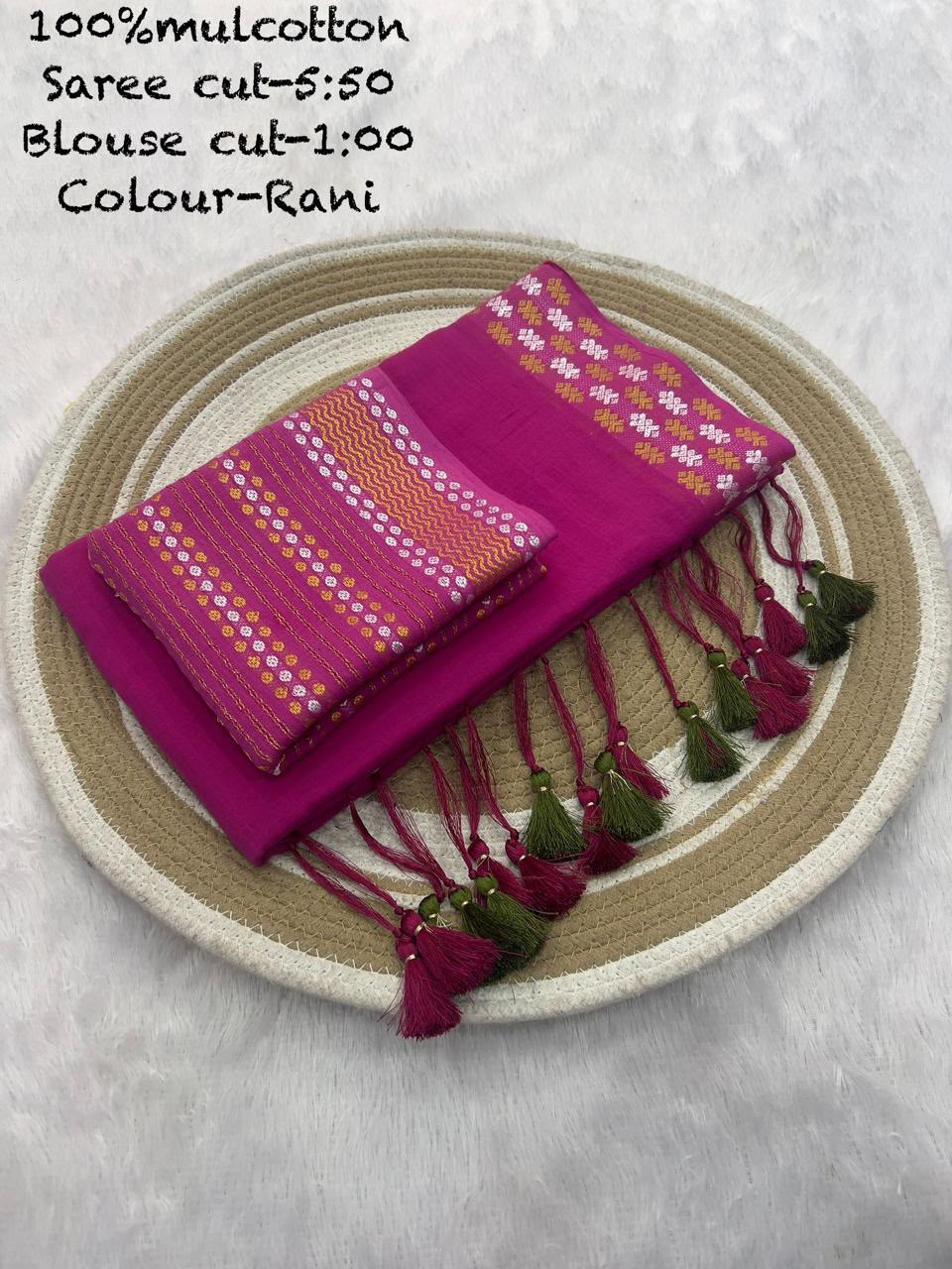 Mul Cotton Saree with Resham Silver Golden Border and Cotton Weaving Blouse