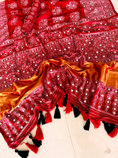 Original Gaji Silk Saree with Lagdi Patta and Full Mirror Work