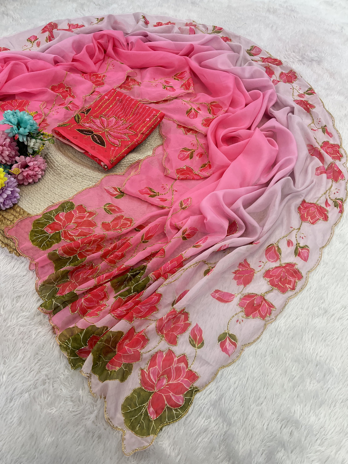TeBy Silk Floral Digital Print Saree with Cutdana Khatli Work