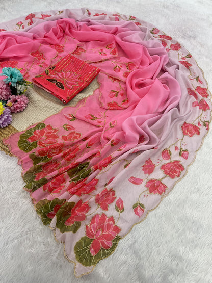 TeBy Silk Floral Digital Print Saree with Cutdana Khatli Work