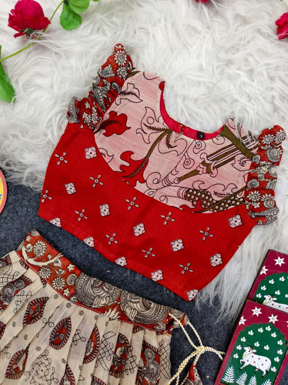 Girls Linen Blend Skirt Set with Contrast Motif Design