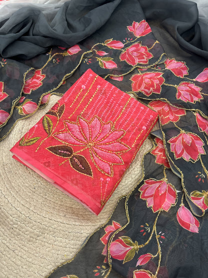 TeBy Silk Floral Digital Print Saree with Cutdana Khatli Work