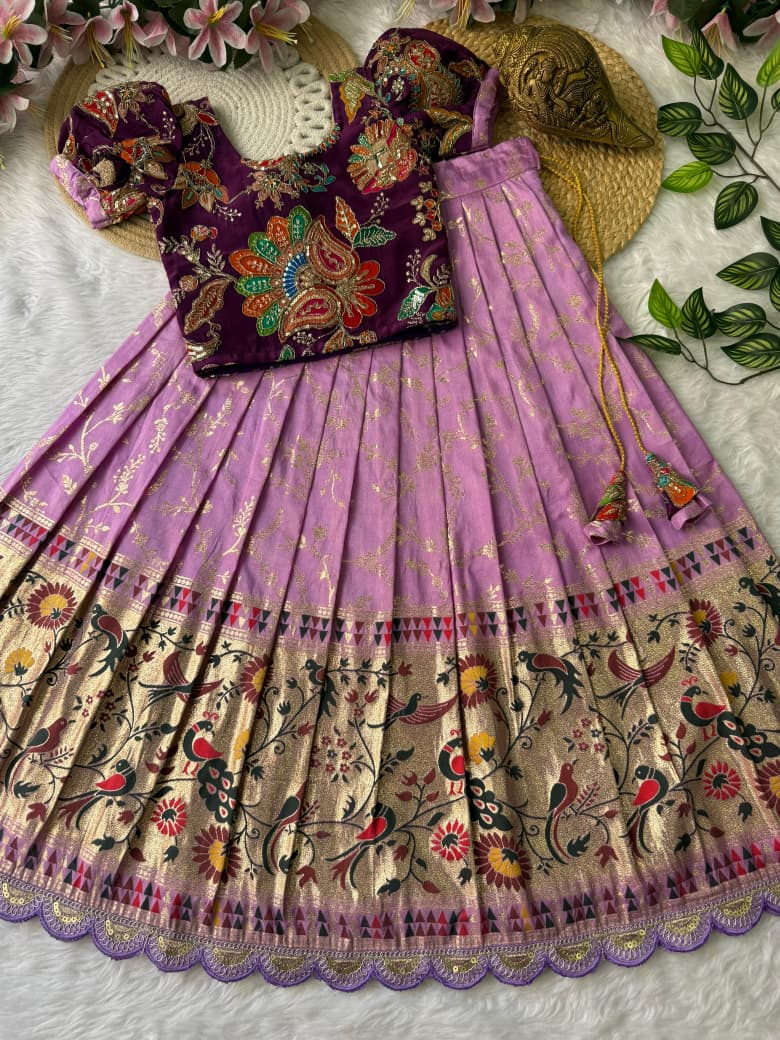 Pure Dola Silk Lehenga with Zari Weaving Border and Natural Crepe Top