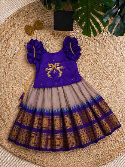 Kids Pure Silk Lehenga Choli with All-Over Zari Weaving and Hand Work