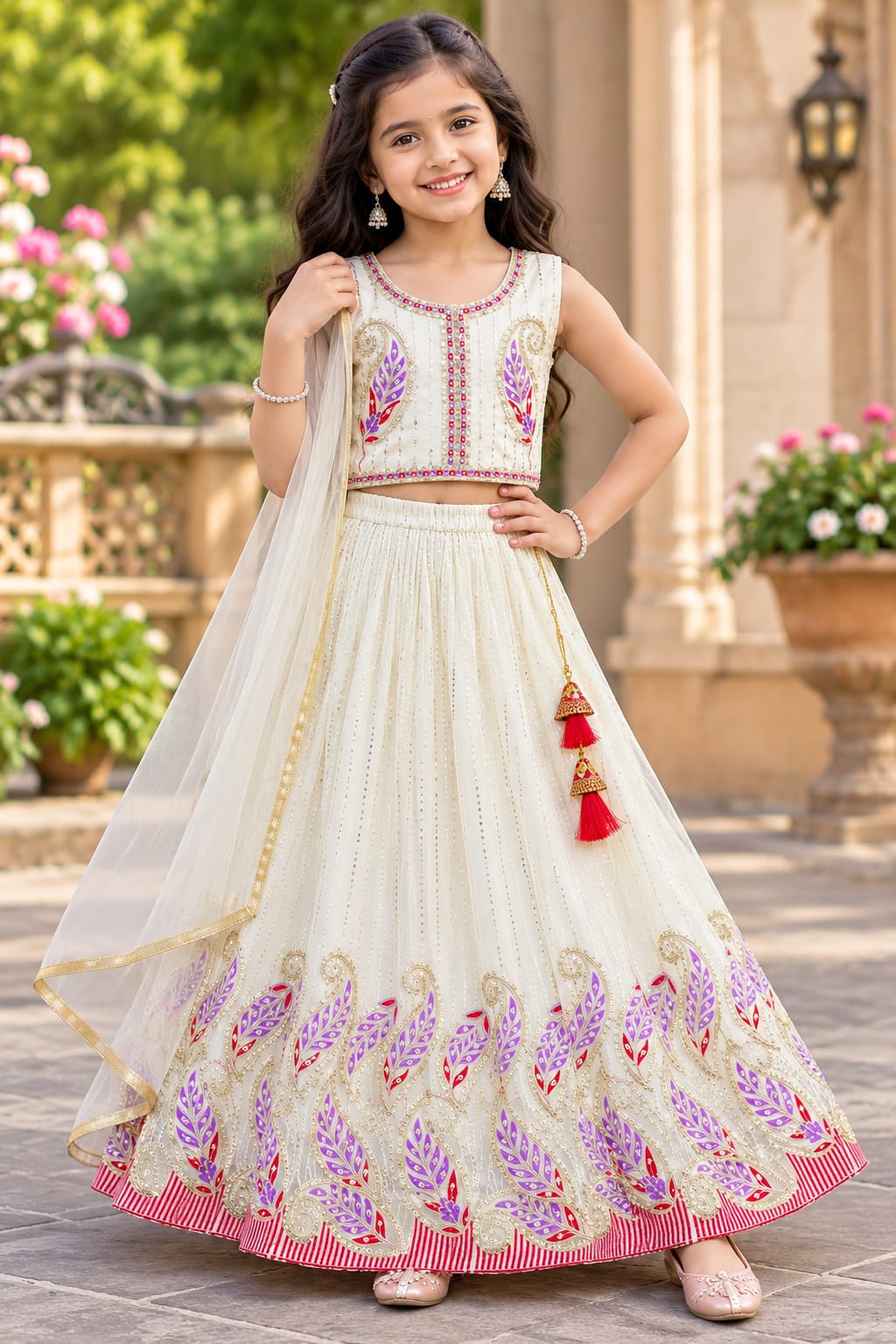 Girls Lavender & Off White Georgette Embroidered Lehenga Choli Set