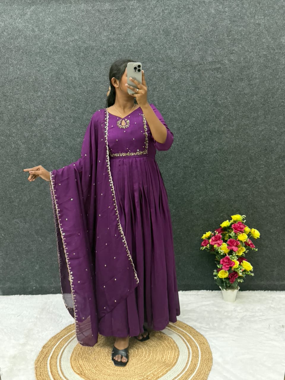 Handwork Vichitra Silk Anarkali Gown with Sequence Work Dupatta