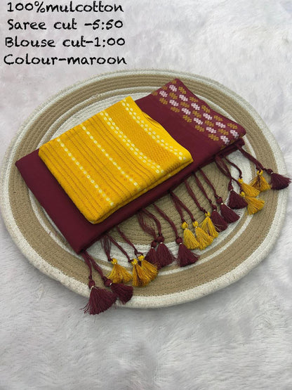 Mul Cotton Saree with Resham Silver Golden Border and Cotton Weaving Blouse