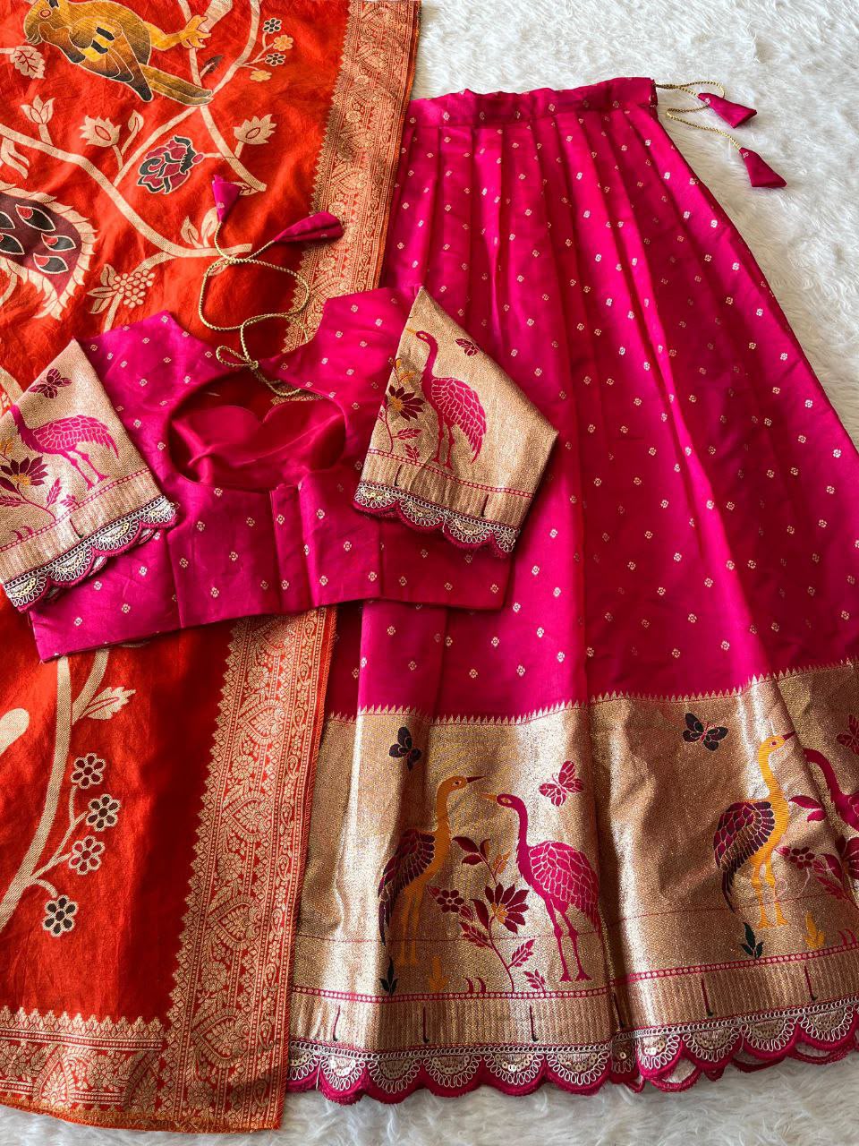 Flamingo Soft Dola Silk Stitched Lehenga Choli with Jacquard Dupatta
