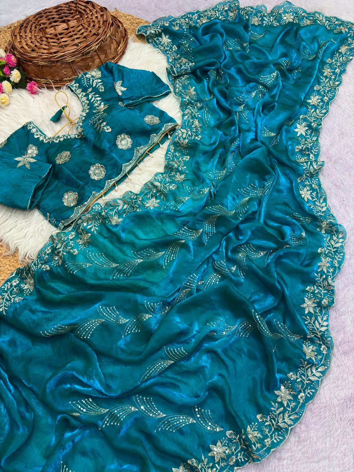 Riwaz Fendy Satin Saree with Sequin Embroidery and Heavy Border