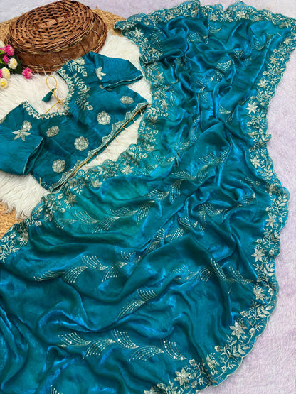 Riwaz Fendy Satin Saree with Sequin Embroidery and Heavy Border