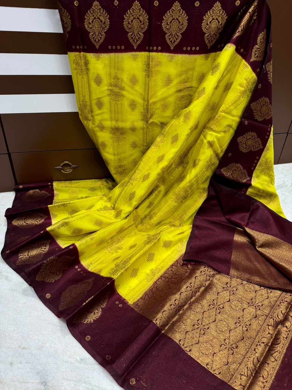 Banarasi Dupion Soft Silk Saree with Alfi Border, Zari Weaving & Jacquard Blouse