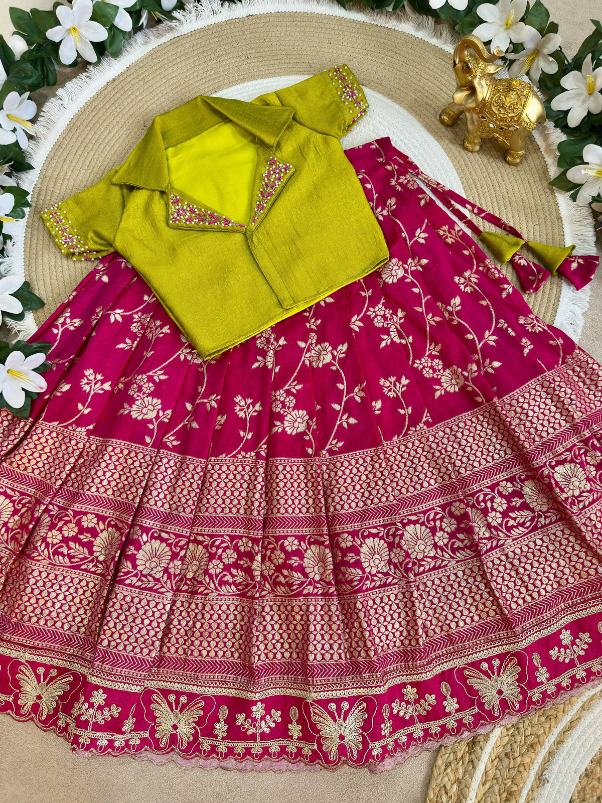 Royal Trio Contrast Kids Lehenga Choli with Floral Zari Work