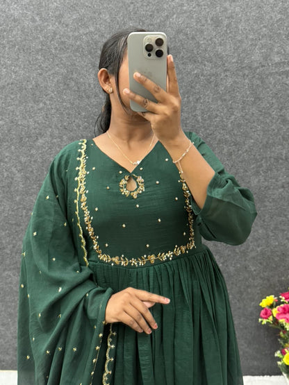 Handwork Vichitra Silk Anarkali Gown with Sequence Work Dupatta