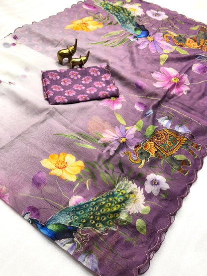 Vamika Soft Chanderi Cotton Floral Digital Print Saree with Aari Work Border