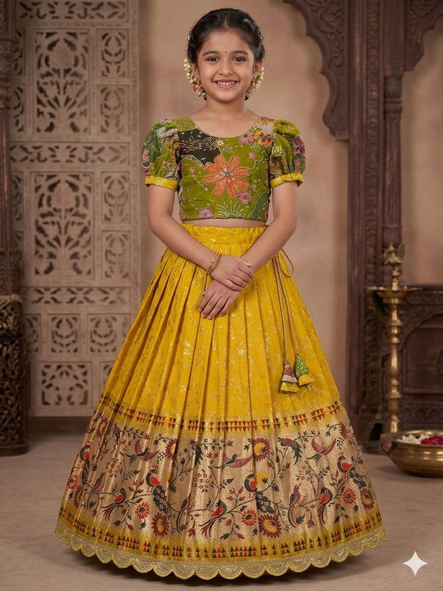 Pure Dola Silk Lehenga with Zari Weaving Border and Natural Crepe Top