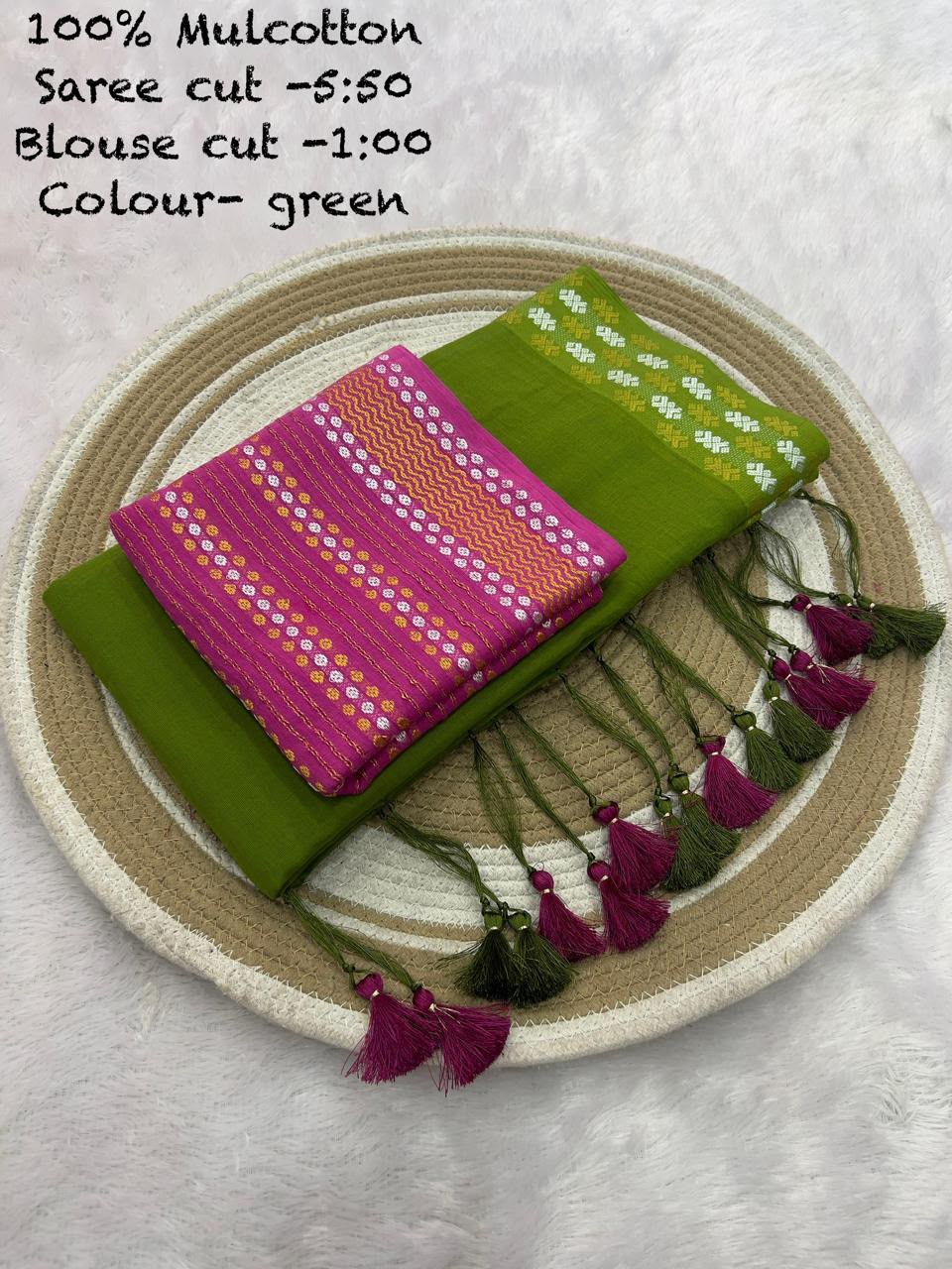 Mul Cotton Saree with Resham Silver Golden Border and Cotton Weaving Blouse