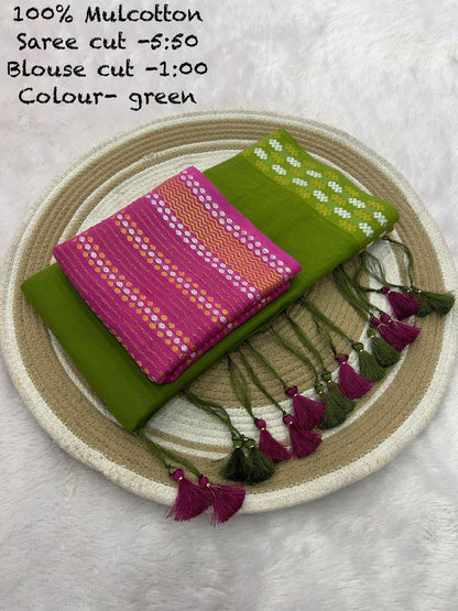 Mul Cotton Saree with Resham Silver Golden Border and Cotton Weaving Blouse