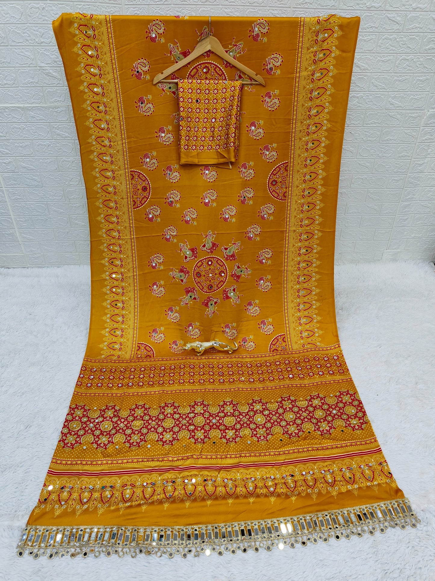 Japan Satin Semi Gajji Silk Bandhani Saree with Peacock Pallu and Mirror Lace Border