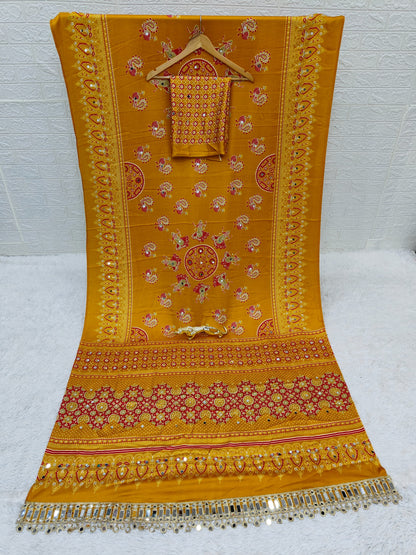 Japan Satin Semi Gajji Silk Bandhani Saree with Peacock Pallu and Mirror Lace Border
