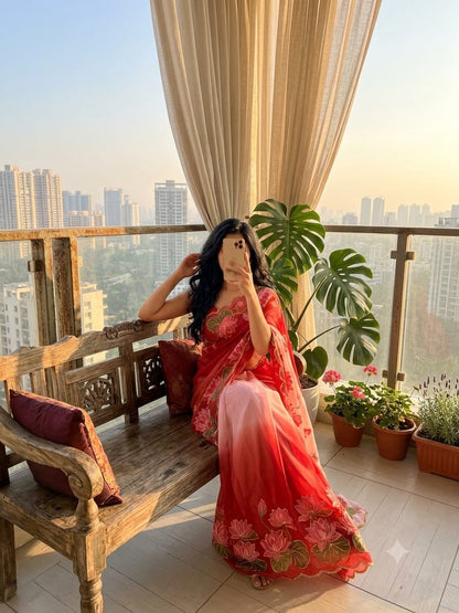 TeBy Silk Floral Digital Print Saree with Cutdana Khatli Work