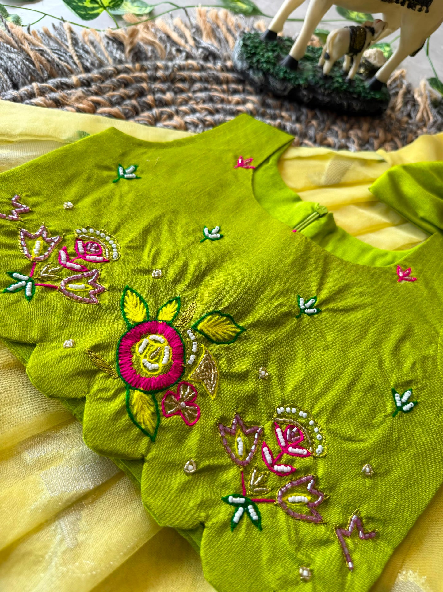 Little Princess Bird Motif Festive Gown with Raw Silk Coat