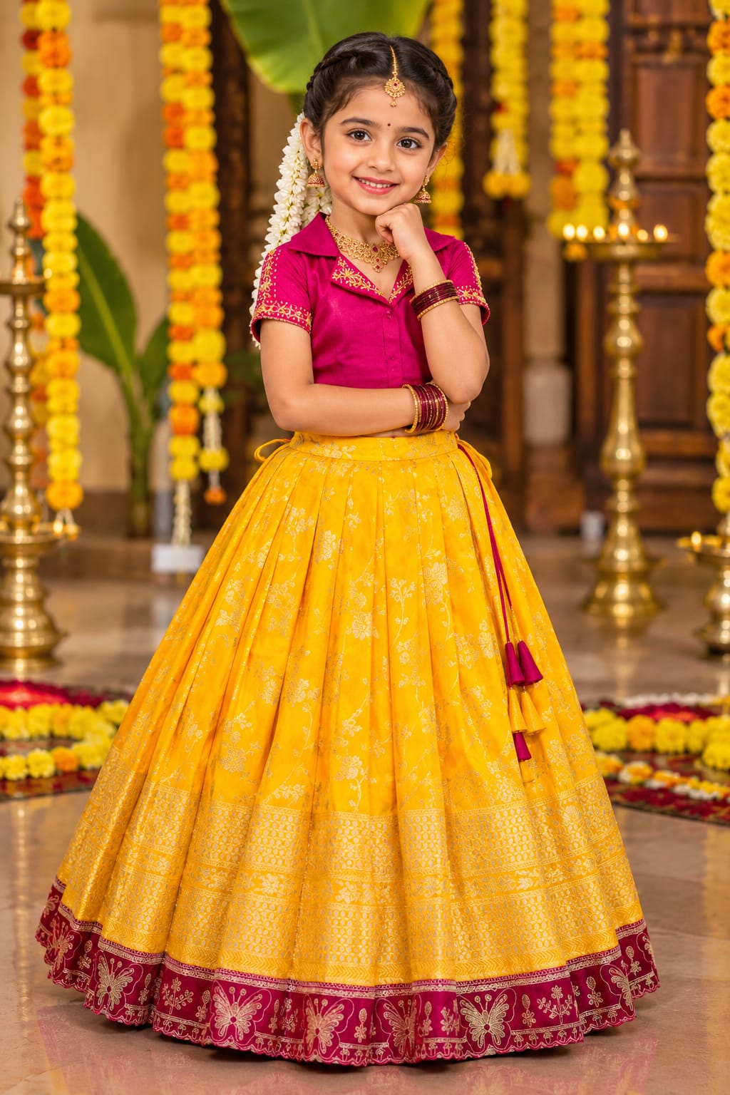 Royal Trio Contrast Kids Lehenga Choli with Floral Zari Work
