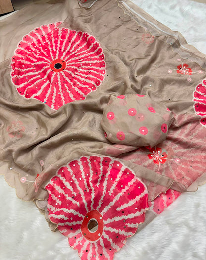 Soft Tabi Saree with Digital Print, Mirror Handwork and Cutwork Border