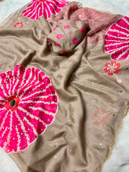 Soft Tabi Saree with Digital Print, Mirror Handwork and Cutwork Border