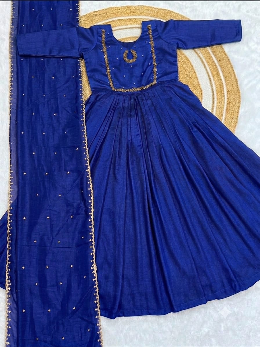 Handwork Vichitra Silk Anarkali Gown with Sequence Work Dupatta