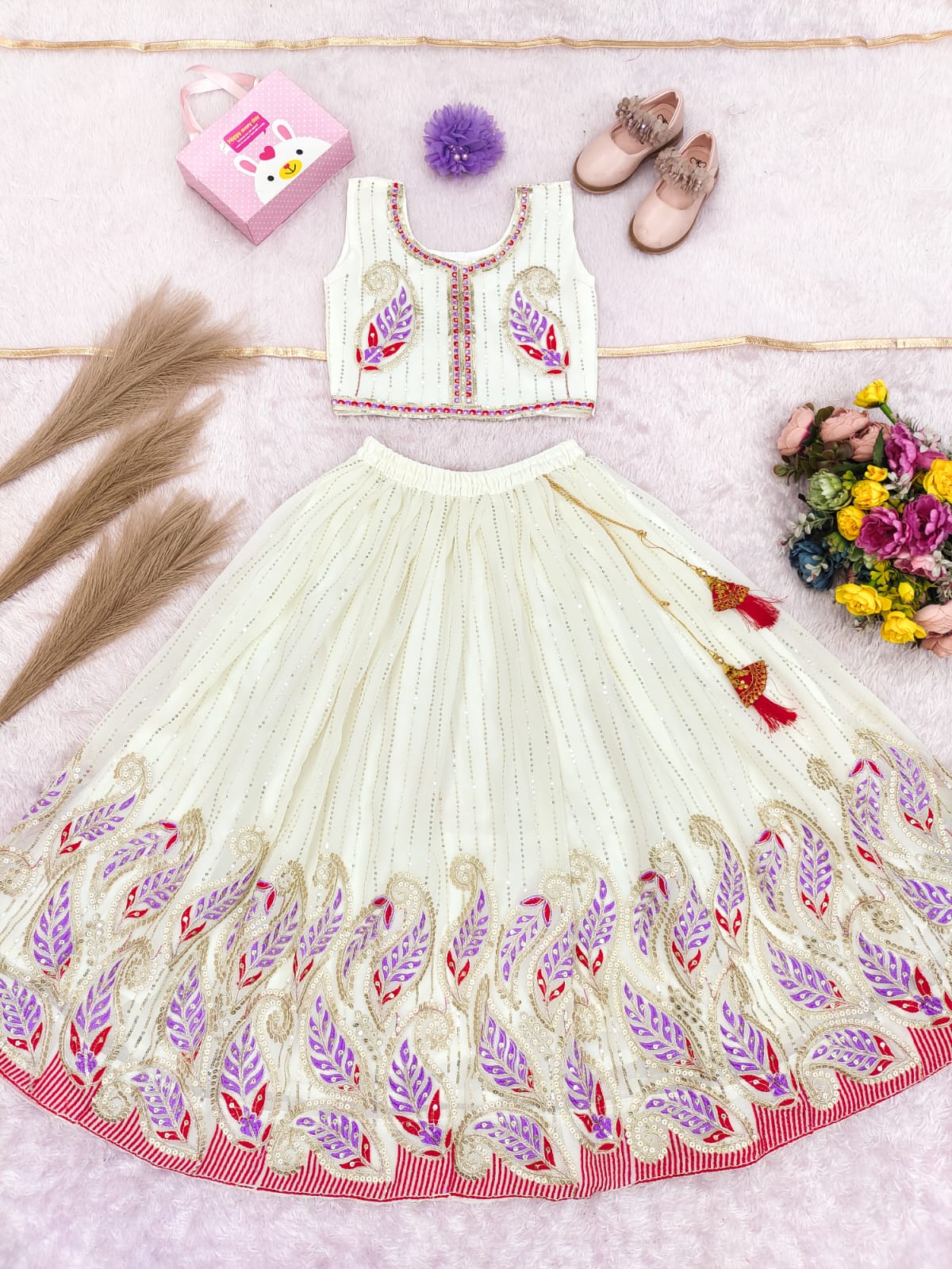 Girls Lavender & Off White Georgette Embroidered Lehenga Choli Set