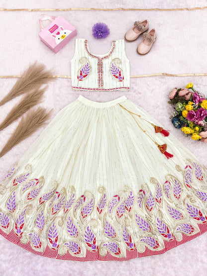 Girls Lavender & Off White Georgette Embroidered Lehenga Choli Set