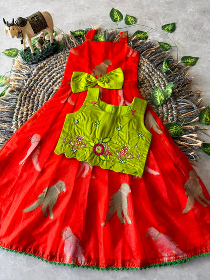 Little Princess Bird Motif Festive Gown with Raw Silk Coat