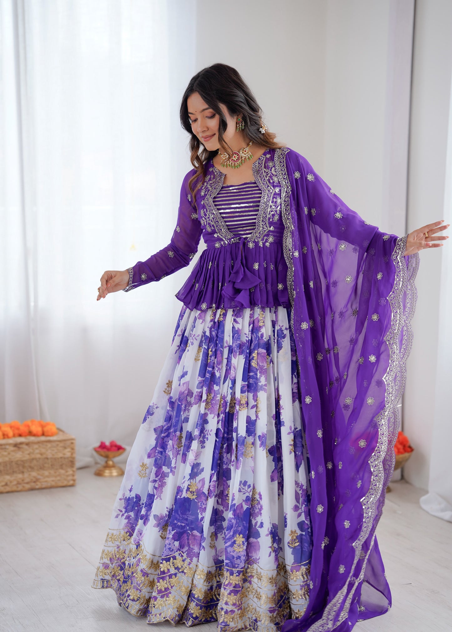 Faux Georgette Digital Print Semi-Stitched Lehenga Choli with Koti and Dupatta