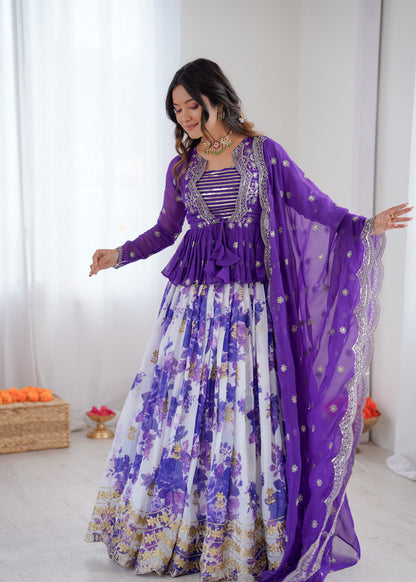 Faux Georgette Digital Print Semi-Stitched Lehenga Choli with Koti and Dupatta