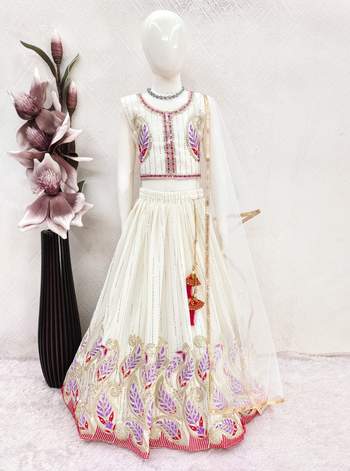 Girls Lavender & Off White Georgette Embroidered Lehenga Choli Set