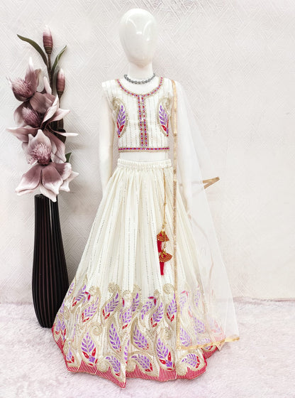 Girls Lavender & Off White Georgette Embroidered Lehenga Choli Set