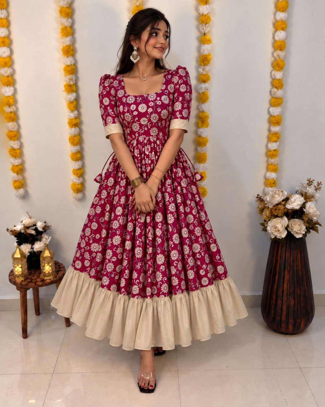 Traditional Kalamkari Vichithra Silk Frock with Contrast Colour Fusion