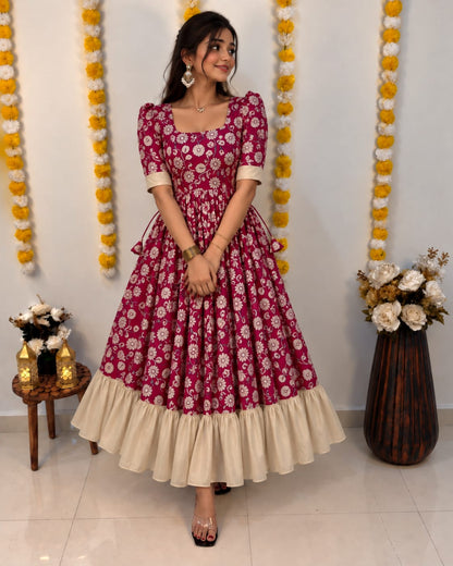 Traditional Kalamkari Vichithra Silk Frock with Contrast Colour Fusion