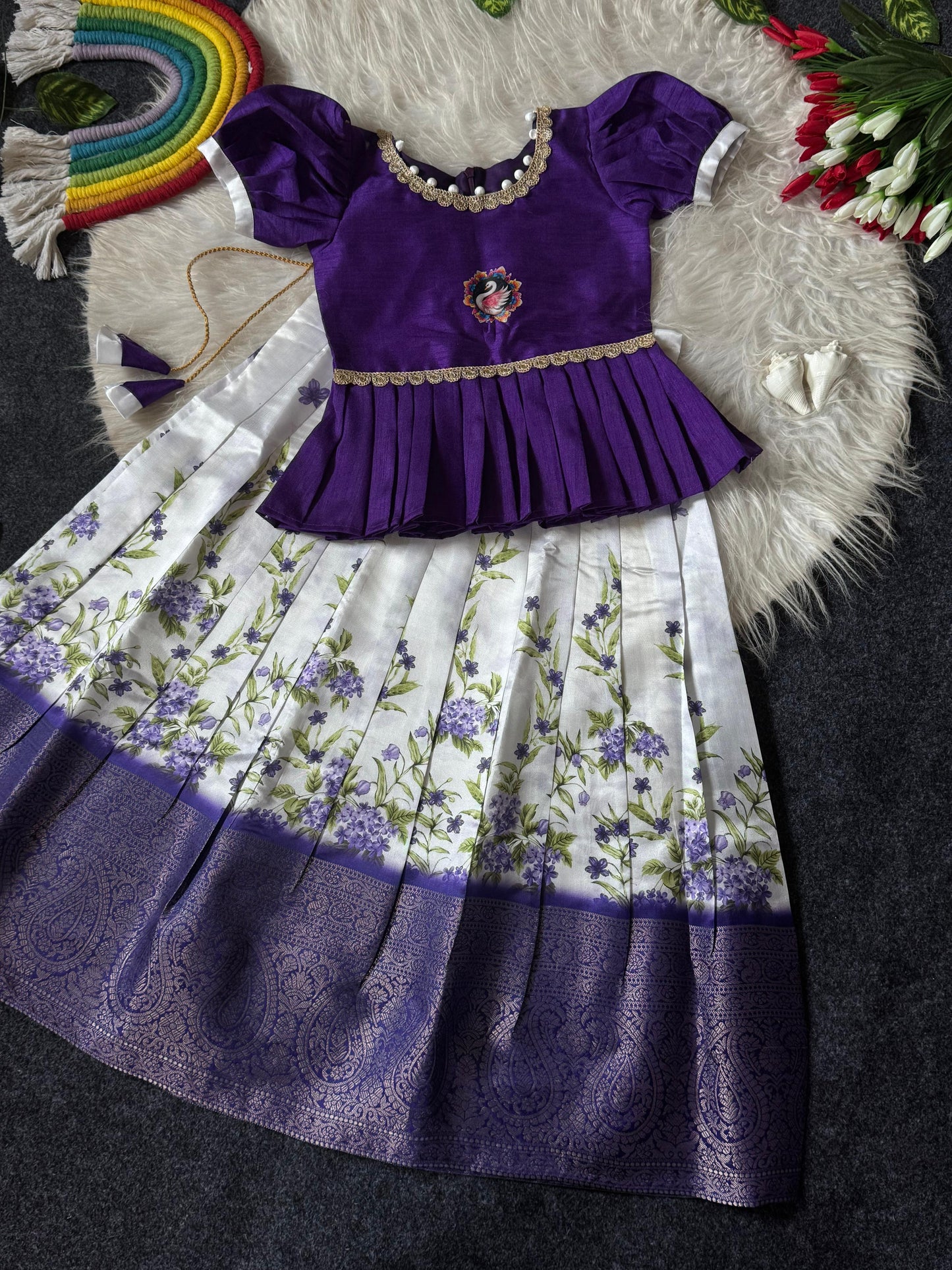 Little Kids Soft Silk Lehenga Choli with Zari Lace and Flower Net Work