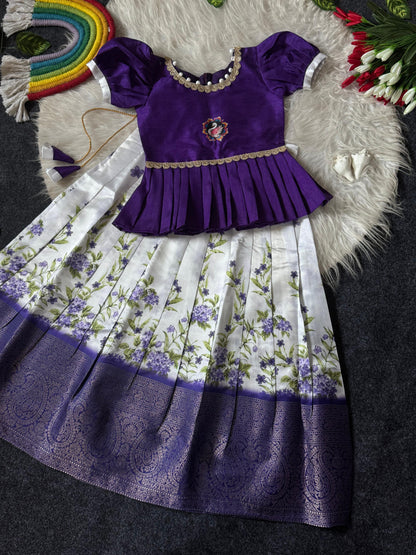 Little Kids Soft Silk Lehenga Choli with Zari Lace and Flower Net Work