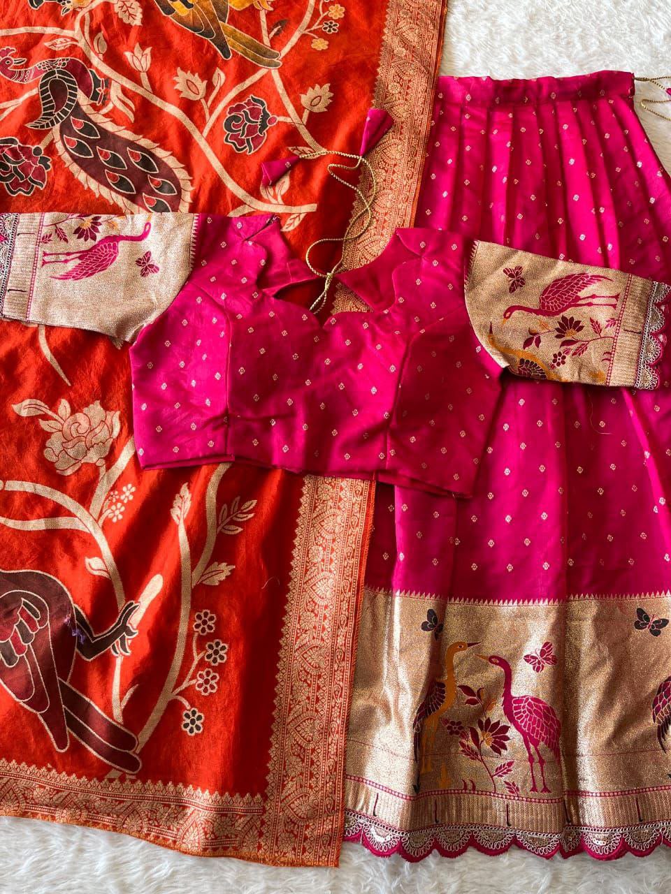 Flamingo Soft Dola Silk Stitched Lehenga Choli with Jacquard Dupatta