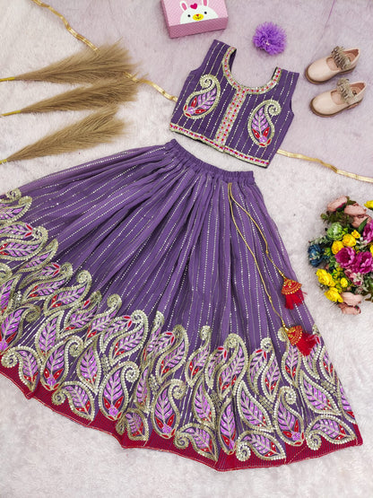 Girls Lavender & Off White Georgette Embroidered Lehenga Choli Set